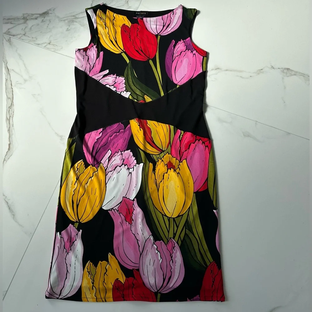 EVA VARRO Slim Waist, Sleeveless Dress Silhouette, Tulip print, EUC, Sz.S - Picture 2 of 10